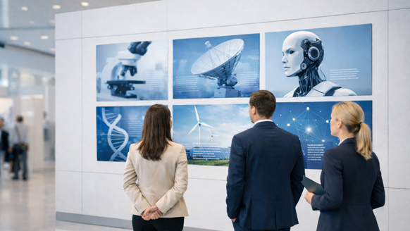 Attendees browsing subject categories at a science and technology conference